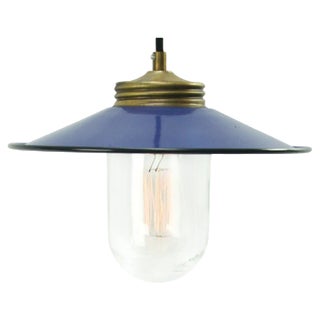 Vintage Blue Enamel, Brass and Clear Glass Pendant Light For Sale