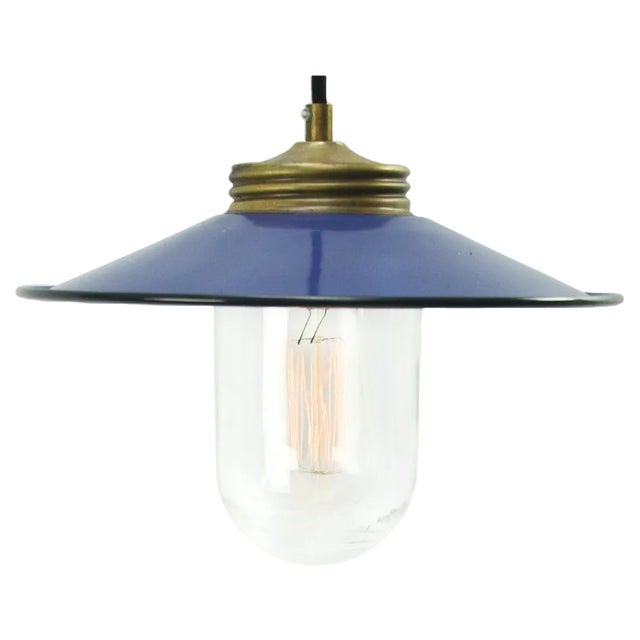 Vintage Blue Enamel, Brass and Clear Glass Pendant Light For Sale
