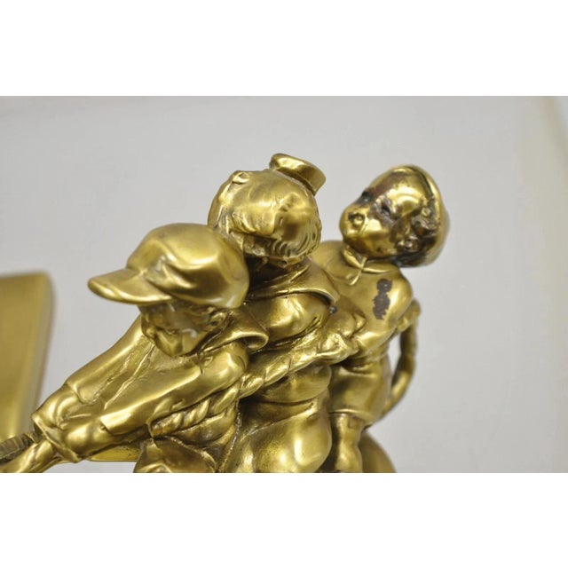 Metal Vintage Pm Craftsman "Tug of War" Brass Children Playing Figural Bookends - Pair For Sale - Image 7 of 12