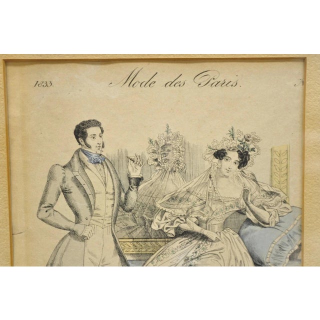 French 1830s Victorian Lithograph Print Couple Fashion Gown in Frames - A Pair For Sale In Philadelphia - Image 6 of 12