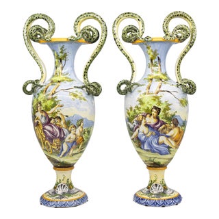 Pair of Italian Maiolica Vases, Coiled Snake Handles, Ca. 1880 For Sale