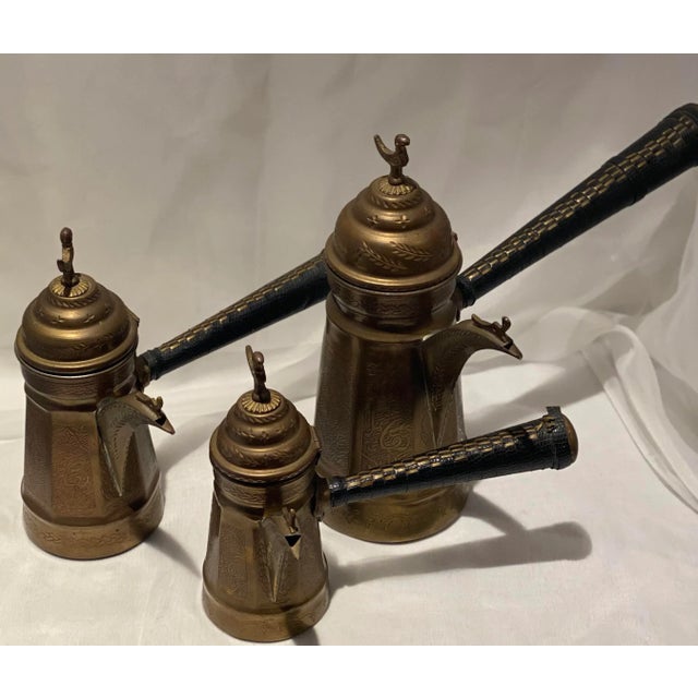 Islamic Vintage Dallah Copper Brass Arabic Islamic Middle Eastern Coffee Tea Pots- Set of 3 For Sale - Image 3 of 13