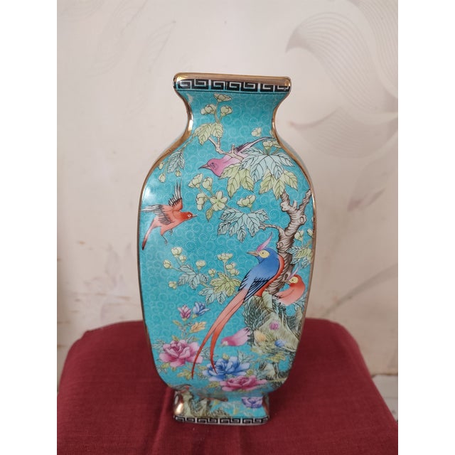 Art Deco Chinese Ceramic Vase Qing Dynasty Qianlong Marked Blue Ground Famille Rose Porcelain Square Vase Hand Painted Flowers and Birds Pattern For Sale - Image 3 of 11