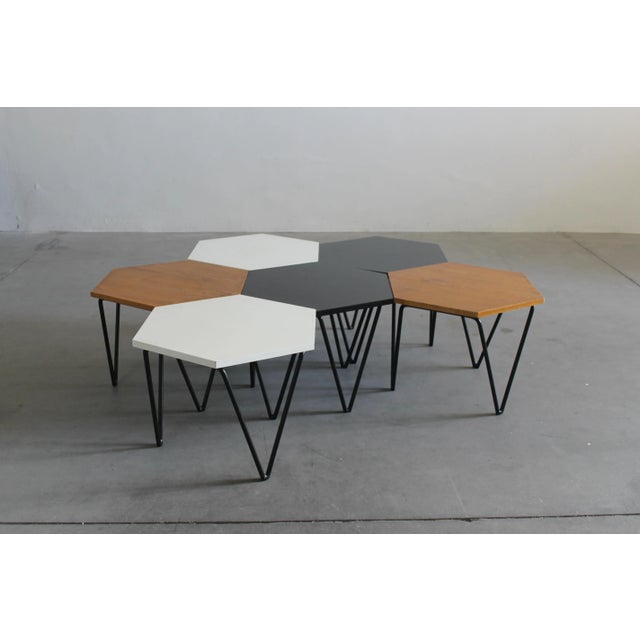 Hexagonal Coffee Tables in Wood and Metal by Gio Ponti from ISA, 1950s, Set of 6 For Sale - Image 3 of 7