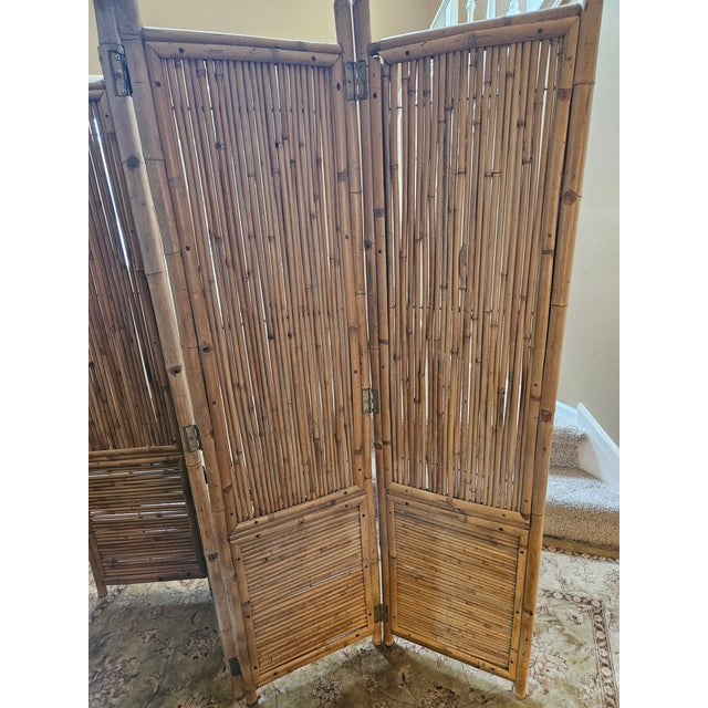 Vintage Bamboo Wood 4-Section Rattan Room Divider Screen For Sale - Image 12 of 12