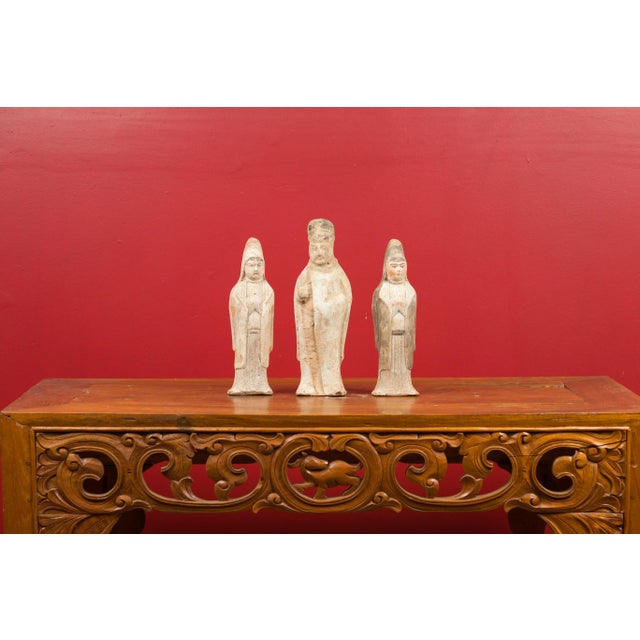 Mid 20th Century Chinese Qing Dynasty Small Hand Painted Terracotta Statues - a Pair For Sale - Image 9 of 13