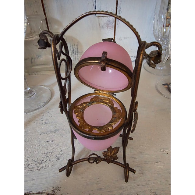 Beautiful antique palais Royale pink Opaline glass egg box with white Opaline scent bottle.