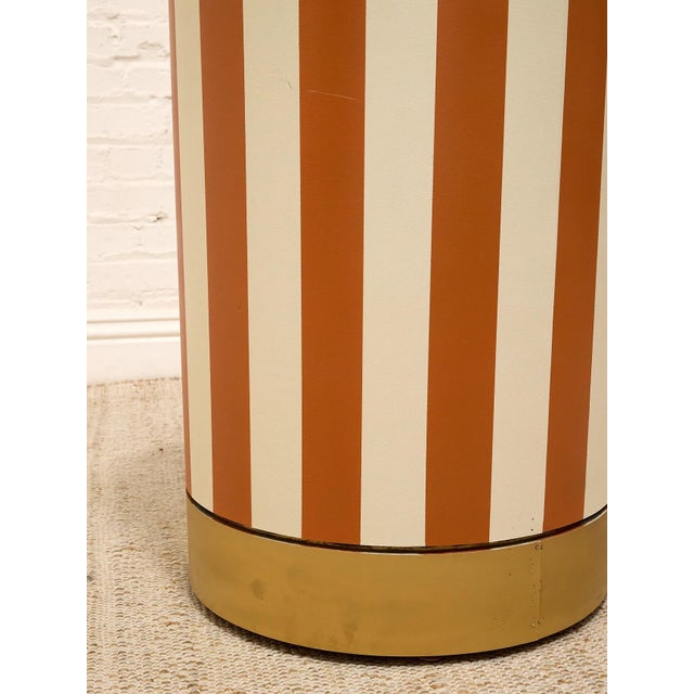 Mid 20th Century Postmodern Orange and Cream Striped Pedestal Dining Table With Glass Top For Sale In Los Angeles - Image 6 of 9