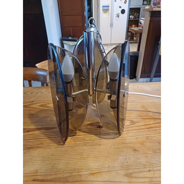Vintage Chrome and Smoked Glass Chandelier attributed to Fontana Arte, 1970 For Sale - Image 11 of 17