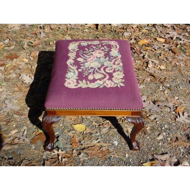 Vintage Solid Mahogany Floral Burgundy Needlepoint Footstool Queen Anne Ottoman For Sale - Image 9 of 10