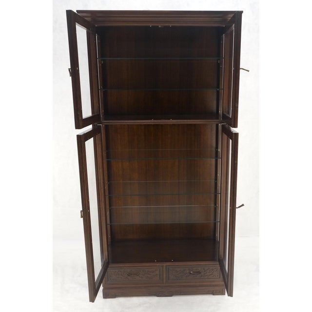 4 Doors Carved Teak 5 Shelves 2 Bottom Drawers 72" Tall Curio Cabinet Showcase For Sale - Image 10 of 14