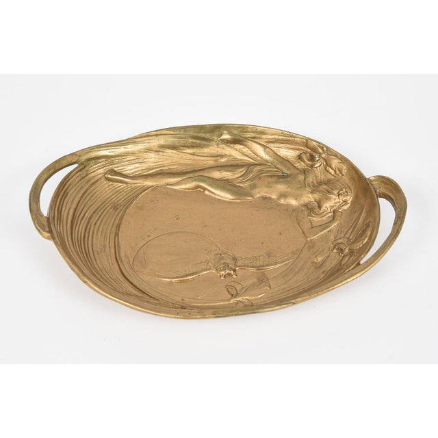 Art Nouveau Art Nouveau Figural Nude Woman With Owl and Moon Floral Tray For Sale - Image 3 of 10