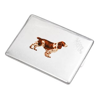 Exquisite Thomae Co. Sterling Silver Springer Spaniel Dog Hand Painted Enamel Antique Art Deco Cigarette Card Case For Sale