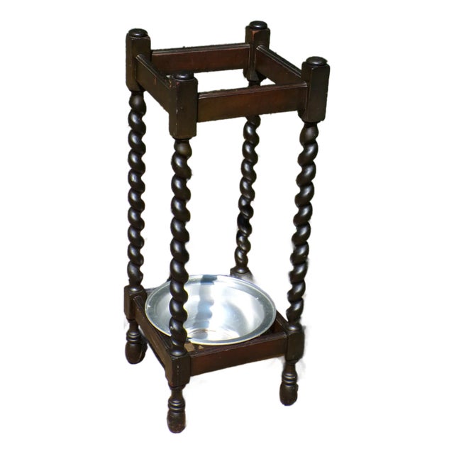 Vintage Arts & Crafts Era Oak Barley Twist Plant Stand Cane Umbrella Stand For Sale