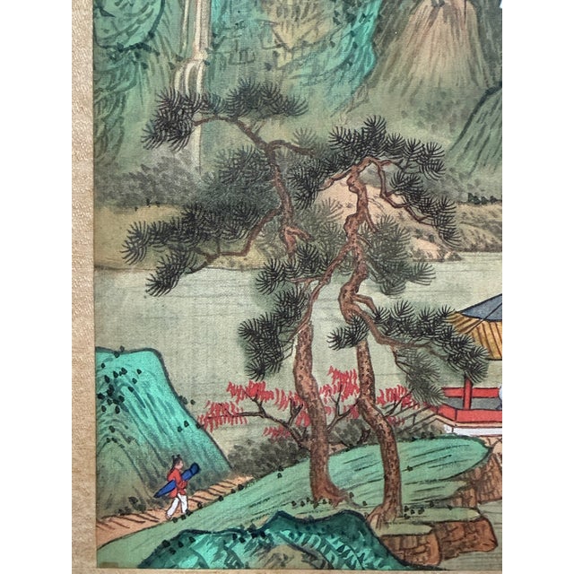 Wood c.1950 Chinese Republic Silk Painting Mountain River Landscape W Figures, Seal Signed For Sale - Image 7 of 12