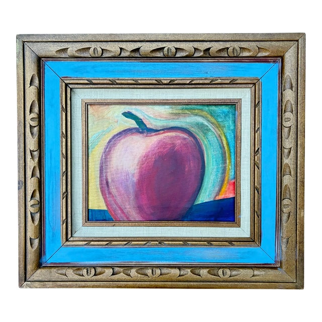 Post Modern Still Life, "Apple" Oil on Canvas With Carved Wood Frame For Sale
