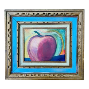 Post Modern Still Life, "Apple" Oil on Canvas With Carved Wood Frame