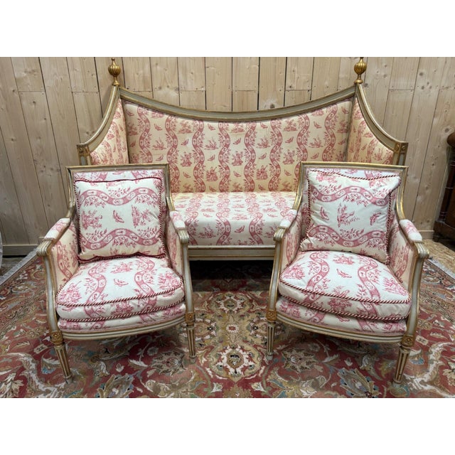 Louis XVI Living Room Sofa and Bergère Chairs in Painted Wood and Toile de Jouy, Set of 3 For Sale - Image 14 of 14
