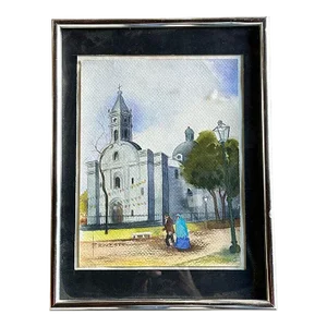 1990s Church Scene Painting by Ernesto Bonilla