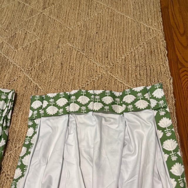 Two custom made hand blocked Dana Gibson fabric curtain panels. Triple pleat top attaches to rings with upholestry pins,...