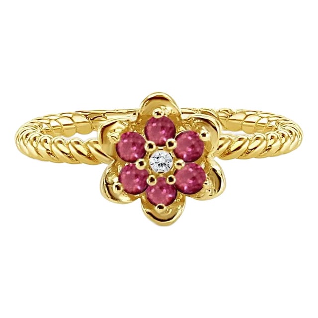 Ruby Tulip Flower Ring 14k Yellow Gold, Size 4.75 For Sale