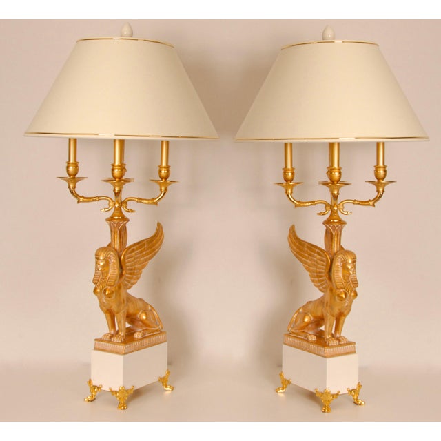 Gold Empire Table Lamps Napoleonic Return to Egypt Giltwood Bouilotte Table Lamps - A Pair For Sale - Image 8 of 15