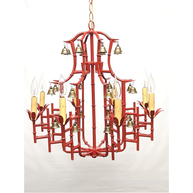 Massive Vintage Italian Tole Red Faux Bamboo Birdcage Chandelier With Bells ~ Rewired ~ Restored ~ Rejuvenated ~ Ready to Hang ~ For Sale - Image 9 of 12