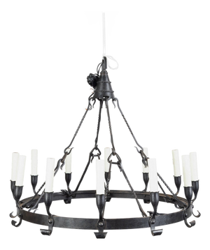 1900s Spanish Colonial 12-Light Iron Chandelier with Ring and Dark Patina