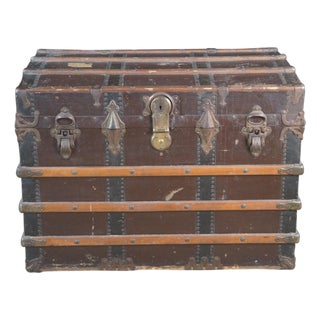 Antique Victorian Wood Banded Leather Nailhead Steamer Trunk Coffee Table For Sale