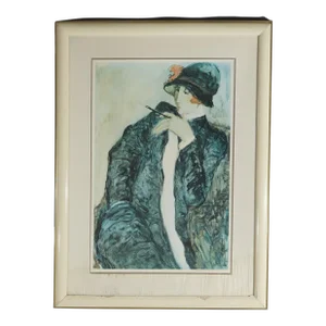 Vintage Art Deco Style Lithograph Signed Barbara Wood 20th Century, Framed