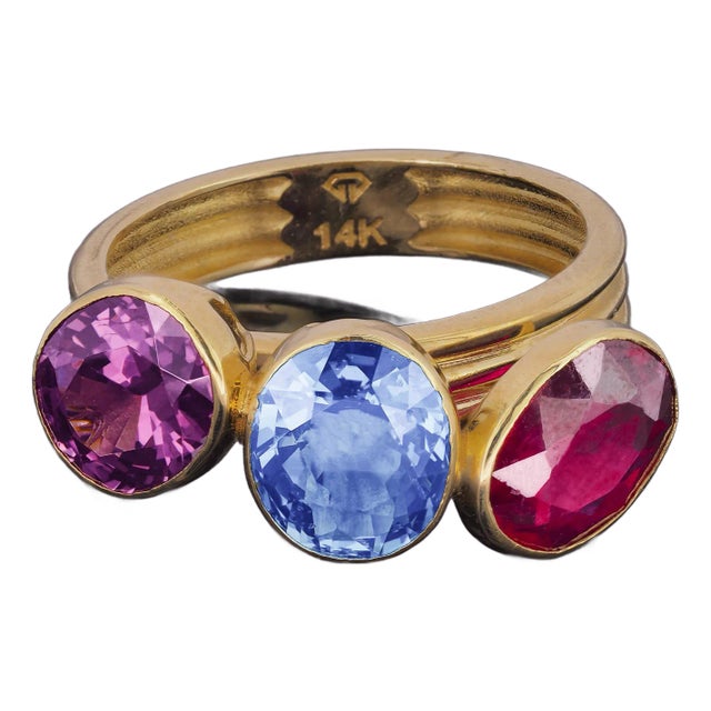 Multicolor 14k Gold Ring With Amethyst, Ruby and Topaz, Size 5 For Sale