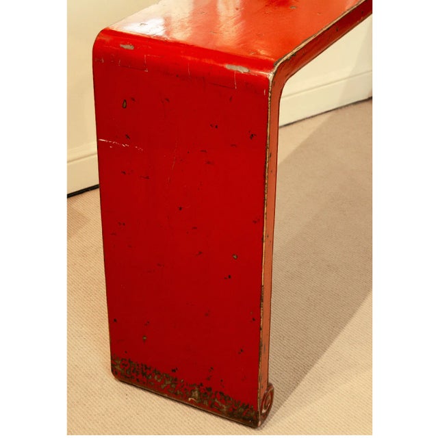 Chinoiserie 1970s Red Lacquer Distressed Finish Chinoiserie Console For Sale - Image 3 of 5
