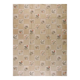 1930s Beige Rose Animal Folk Art Antique American Hooked Rug 10'0" X 13'9" Woven Wool Carpet For Sale