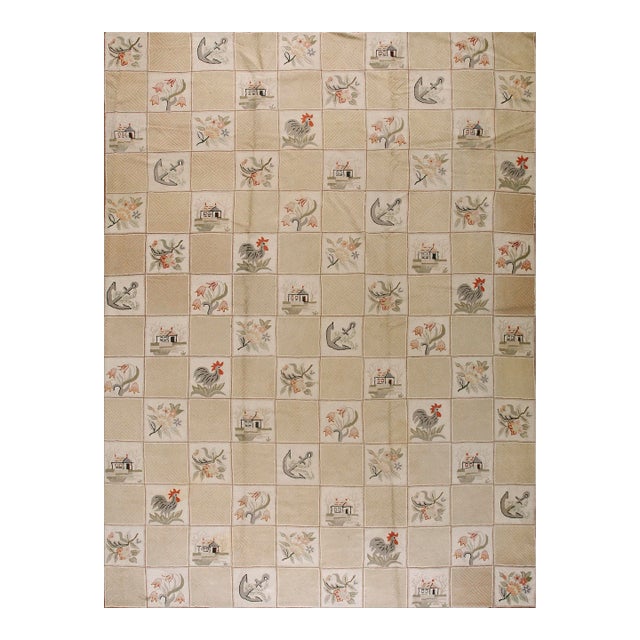 1930s Beige Rose Animal Folk Art Antique American Hooked Rug 10'0" X 13'9" Woven Wool Carpet For Sale