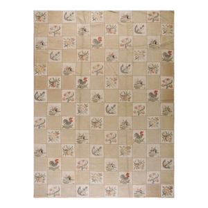 1930s Beige Rose Animal Folk Art Antique American Hooked Rug 10'0" X 13'9" Woven Wool Carpet