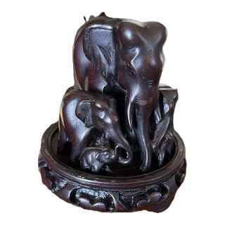 Vintage Hand Carved Elephant Family MCM Dark Wood on Pedastal For Sale
