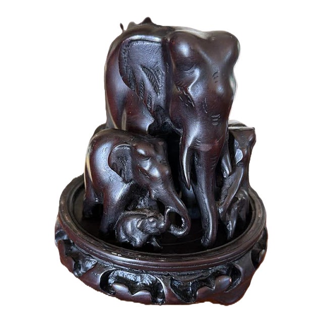 Vintage Hand Carved Elephant Family MCM Dark Wood on Pedastal For Sale