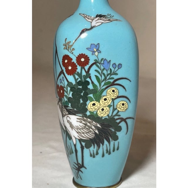 Antique 19th Century Japanese Meiji Cloiosnne Miniature Enamel Crane Blue Vase For Sale In New York - Image 6 of 13