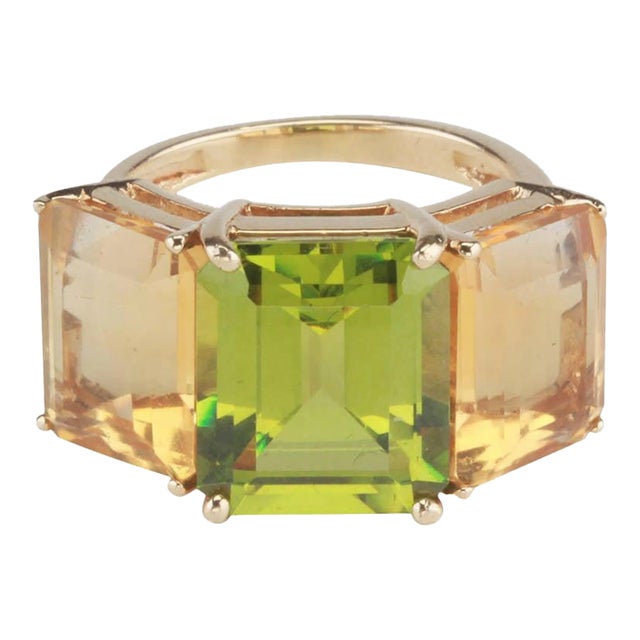 18kt Yellow Gold Emerald Cut Ring with Citrine and Peridot For Sale