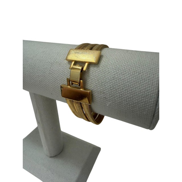 American Vintage Gold Tone Herringbone Triple Strand Clasp Bracelet For Sale - Image 3 of 7