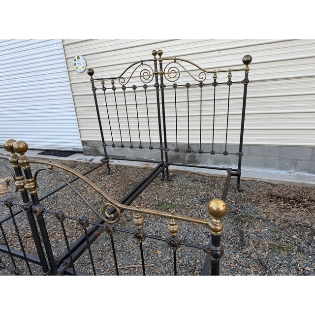 Antique Victorian Iron & Brass King Bed With Scrollwork and Ball Finials, C. 1890s For Sale - Image 4 of 12
