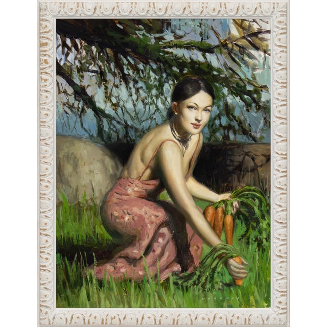 Early 21st Century Truth by Nadezda | Oil on Panel Woman in a pink dress holding carrots in a grassy field. For Sale - Image 5 of 5
