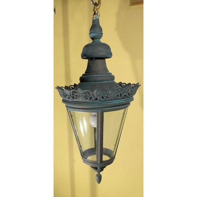 Captivating Antique Brass & Copper Hanging Lantern - 27”Hx 12”w For Sale In Miami - Image 6 of 11
