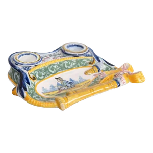 Antique French Faience Quimper Inkwell Pen Tray