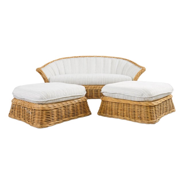 Michael Taylor Style Woven Rattan Sofa and Matching Ottomans For Sale