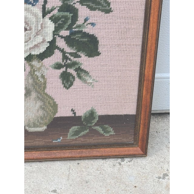 Vintage Hand-Stitched Floral Bouquet in Vase Framed Needlepoint Panel For Sale In New Orleans - Image 6 of 7