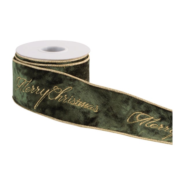 Celebrate the season in classic style with this Green Merry Christmas Velvet Wired Ribbon. Featuring elegant gold script...