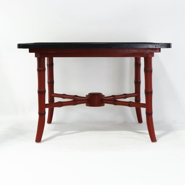 Pair of Vintage Chinese Red Lacquer Side Tables With Faux Bamboo Legs and Heraldic Crest Motif For Sale - Image 4 of 14