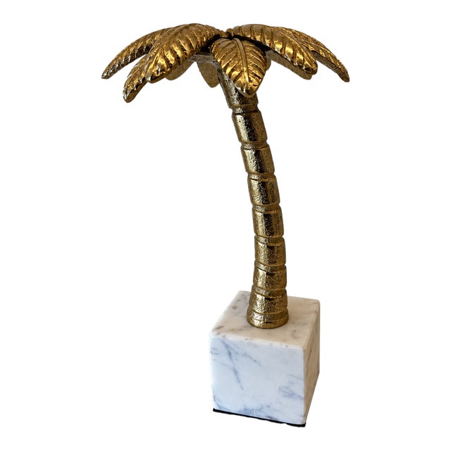 Vintage Hollywood Regency Brass Palm Tree Sculpture on Marble Base For Sale