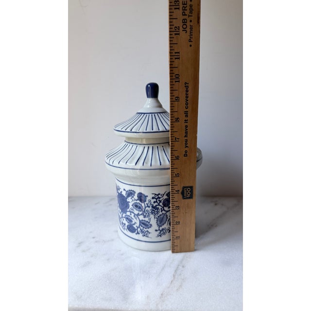Asian- Chinoiserie Floral Body Paired With a Striped Pagoda Roof Lid Canister For Sale - Image 9 of 9